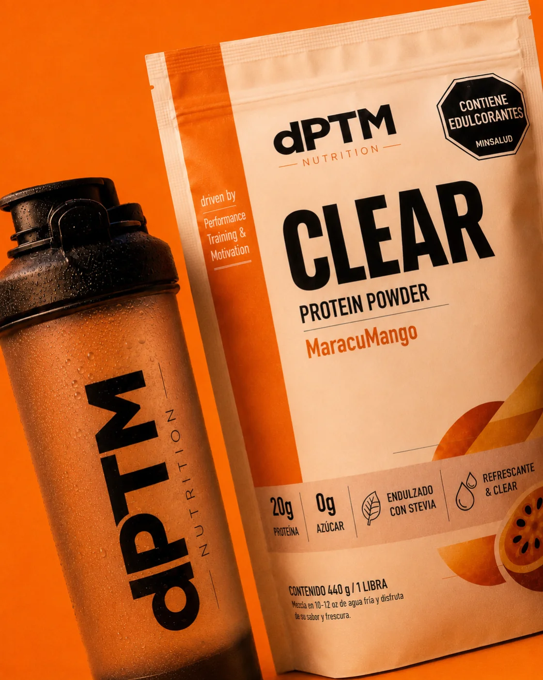 Shaker y bolsa dPTM Clear Protein MaracuMango